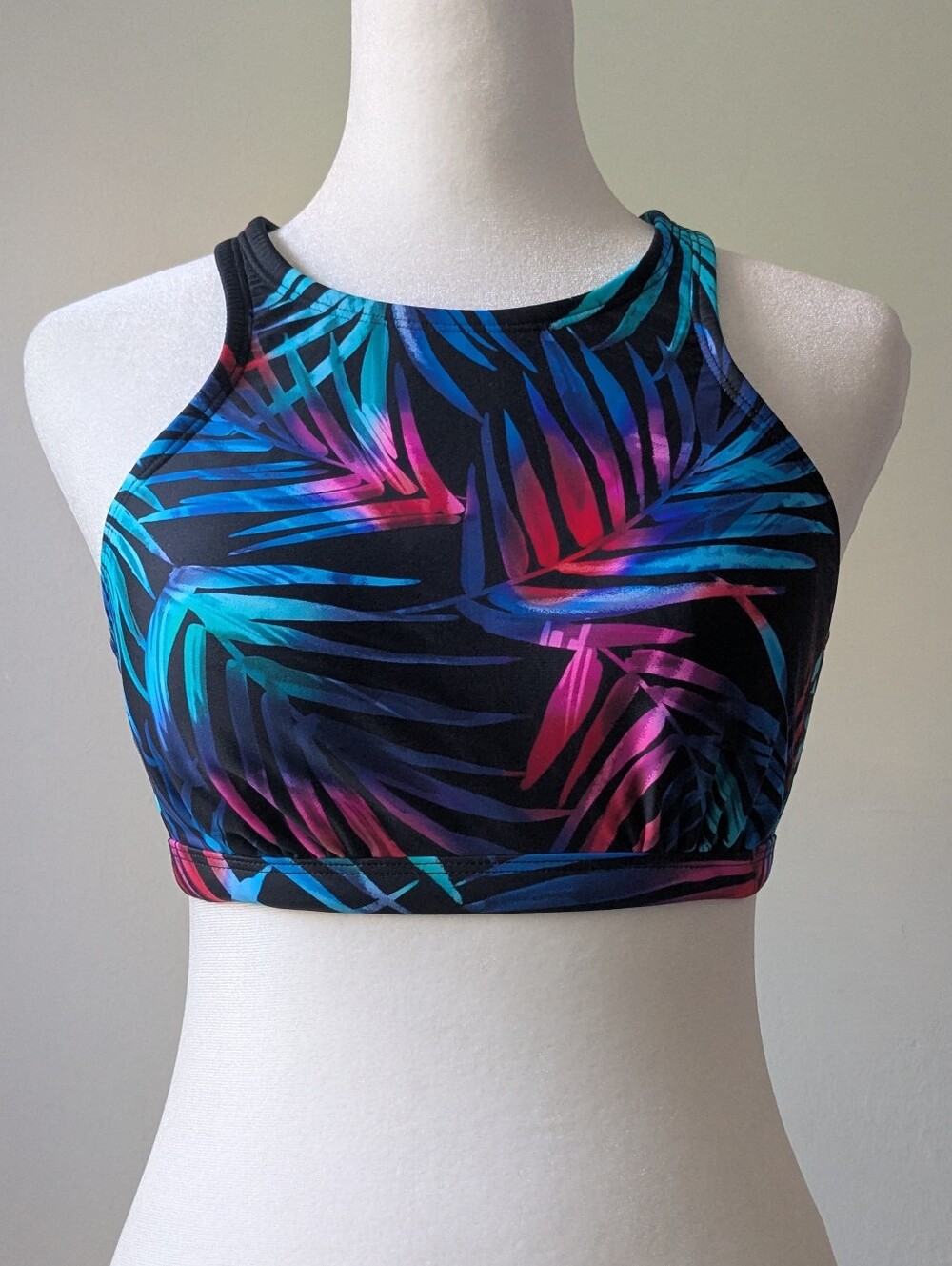 High Neck Sporty Racerback Multi-Strap Bikini Top With Tropical Print in Navy